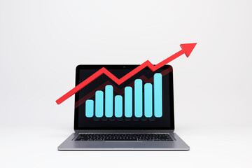 Wall Mural - A digital bar graph showing growth on a laptop screen, set against a white background, concept of business success. 3D Rendering