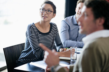 Poster - Boardroom, woman and men in meeting, presentation and suggestion for discussion, notebook and writing. Creative, business and collaboration for people, employees and brainstorming for copywriting