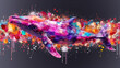 A colorful whale is painted on a wall with splatters of paint