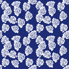 Seamless pattern  monstera leaves  white and blue design 