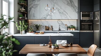 Sleek Nordic kitchen with marble dining table, black & white design, navy storage, natural wood accents. Complete with tableware & floral touches