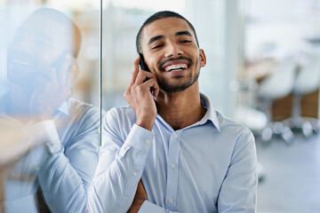 Poster - Happy, man and phone call in office with contact to client with real estate opportunity to invest. Property, realtor and chat with ideas for future decision in business, development or investment