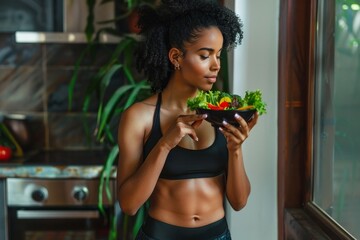 fit woman eating healthy salad after working out at home, generative ai