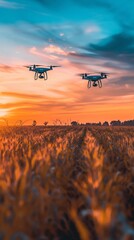 Wall Mural - Drones Over Wheat Field at Sunset