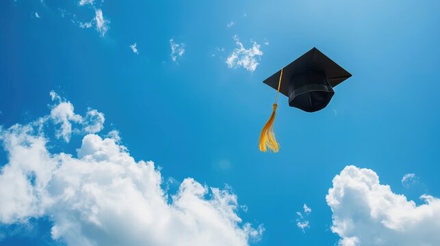 Graduation hat with a tassel soars in the blue sky, Black student hat high into the blue sky