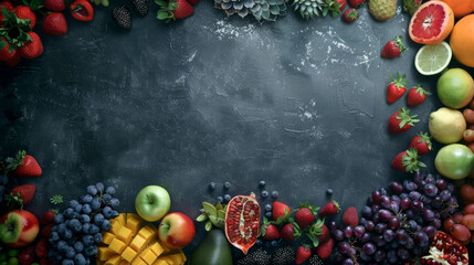 Wall Mural - Collection of fruits, pile of exotic fruits on vintage dark background top table view.