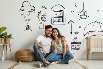 Happy couple dreaming of new home in modern interior with window, bookcase, and artwork