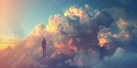 Wall Mural - A man is standing in the clouds, looking down at the earth below