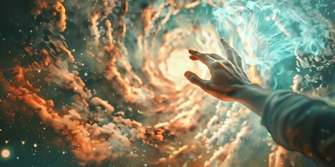 Wall Mural - A hand reaching out into space with a blue and orange swirl in the background