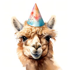 Wall Mural - Camel with party hat. Camel. Birthday hat clipart. Watercolor illustration. Generative AI. Detailed illustration.