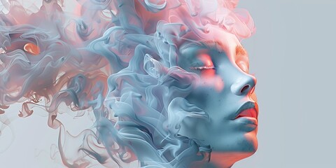 Wall Mural - A woman's face is shown with smoke and fire surrounding her