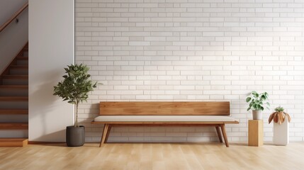 Wall Mural - Mid century interior design of modern home entryway with wooden bench against white brick wall.