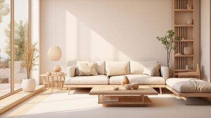 Wall Mural - Modern interior japandi style design livingroom. Lighting and sunny scandinavian apartment with plaster and wood. 3d render illustration.