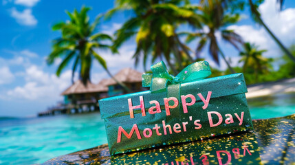 Happy Mother's Day on a tropical island background with a palm tree green gift box. Shiny text word colors.