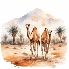 Wall Mural - Camels. Camel in desert clipart. Watercolor illustration. Generative AI. Detailed illustration.