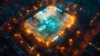Illuminated soccer stadium from above, glowing amidst the city at night