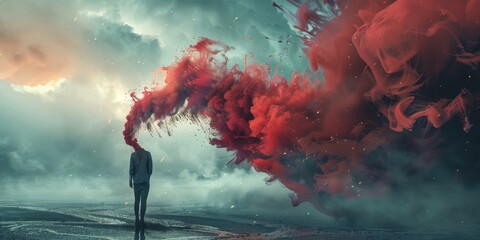 Wall Mural - A man is walking through a red smoke filled sky
