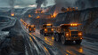 Oil Sands Extraction: Massive mining trucks hauling tar sands from open-pit mines, with towering extraction machines working tirelessly to extract bitumen from the earth's surface.