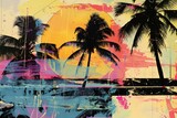 Fototapeta Sypialnia - Colorful collage with palm trees, simple shapes and retro grunge textures. The image is abstract and has a tropical vibe. Trendy collage composition wallpaper modern art.