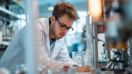 Poster - An engineer is conducting experiments in a science lab, wearing a lab coat. AIG41