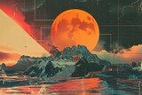 Fototapeta Sypialnia - Picture of a mountain with a red moon in the sky, orange and teal, retro grunge collage with blood moon. Trendy collage composition wallpaper modern art.
