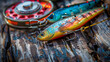 fishing lures and reel on wooden background