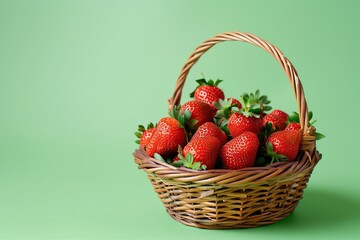 Wall Mural - basket of organic strawberries isolated on a soft green gradient background 