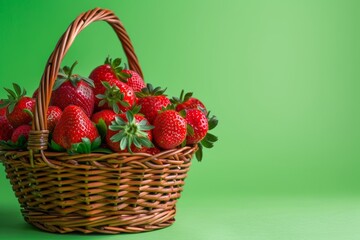 Wall Mural - basket of organic strawberries isolated on a soft green gradient background 