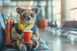 Funny animal traveler with a travel bag and coffee cup sits in an airport lounge, ready for an adventure, sharpen banner template with copy space on center
