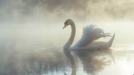 Sticker - elegant white swan on a misty lake, graceful silhouette in the morning light 