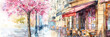 © fotogurme - hand-painted watercolor illustration of a classic Parisian café scene during spring, empty space for text