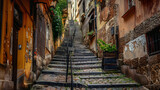Fototapeta Fototapeta uliczki - A steep, narrow staircase in an old European city, with cobblestone streets and historic buildings surrounding it.
