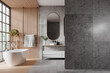 Wooden and gray bathroom interior with tub, sink and blank wall