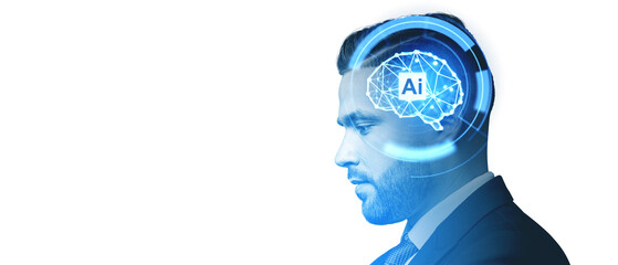 Poster - Businessman portrait and AI brain, digital connection and network. Copy space