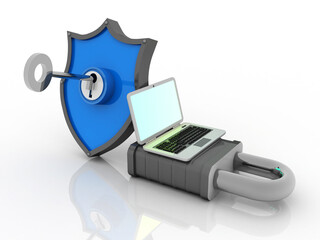 Poster - 3d illustration Safety concept: Closed Padlock with laptop on digital background