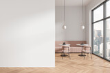 Fototapeta Przestrzenne - Stylish cafe interior with chairs and eating tables with sofa, window. Mock up wall
