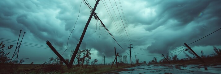 toppled power lines after a severe storm, overcast sky 