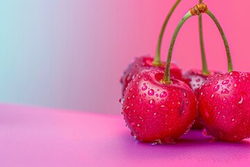 Poster - vibrant cherries with glistening water droplets isolated on a gradient background 