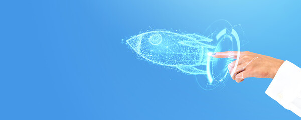 Poster - A hand touching a digital hologram of a rocket, symbolizing startup concept on a blue background