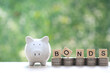 Bonds word on stack of coins money and piggy bank natural green background, Investments and Bonds increasing concept