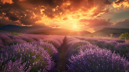 Canvas Print - Sunlit lavender field at sunset vibrant purple flowers under a fiery sky golden hour lighting 