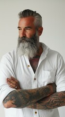 Poster - A man with a long beard and tattoos. Generative AI.