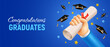 Congratulations Graduates. Celebration banner with a hand holding a diploma and raised up, square academic graduation caps thrown up on the blue background with place for text. Vector illustration