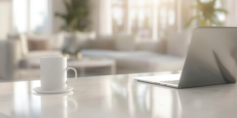 Aufkleber - A white coffee cup sits on a table next to a laptop. The scene is set in a living room with a couch and a potted plant in the background. The coffee cup and laptop create a sense of productivity