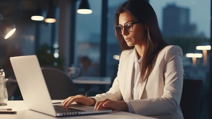 Busy latin young businesswoman checking document using computer in office. Young professional business woman hr manager working on laptop doing paperwork holding corporate file