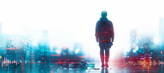 Aufkleber - DA person walking to matrix technology background. Virtual cyberspace. Generative AI technology.	
