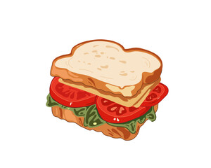 Wall Mural - Sandwich with cheese, tomato and herbs on a white background, vector illustration