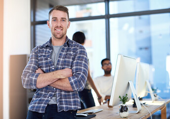 Aufkleber - Portrait, business and man with arms crossed, smile and confidence with graphic designer, modern office and proud. Face, people and entrepreneur with computer, career ambition and startup with tech