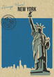 Statue of Liberty Postcard Retro Style Illustration. New York City Showplace. Cityscape Panorama, Statue, Aged Paper Texture Pattern