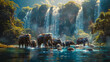 a herd of elephants cooling off in a refreshing river, with a vibrant waterfall in the background